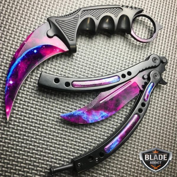 2PC CSGO Black Galaxy Karambit Fixed Blade + Butterfly Balisong Trainer Knife Online Hot Sale