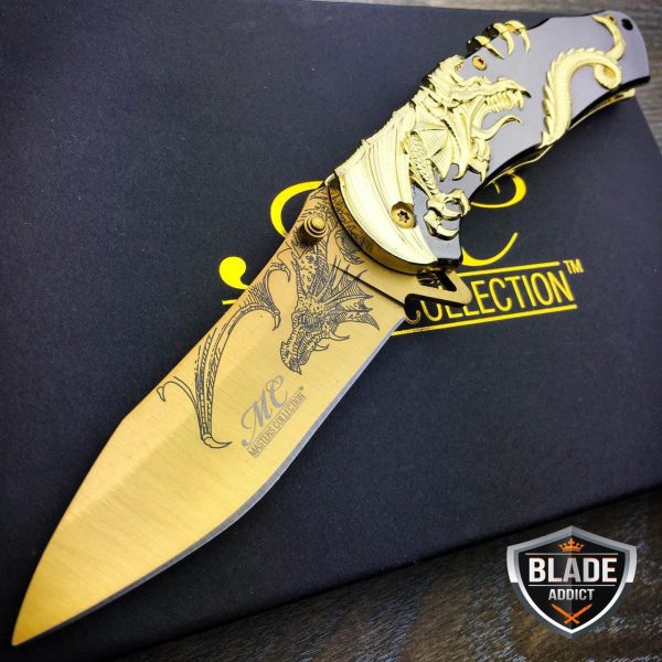 8  Gold Dragon Titanium Spring Assisted Open Blade Folding Pocket Knife Limited Edition For Cheap - Image 2